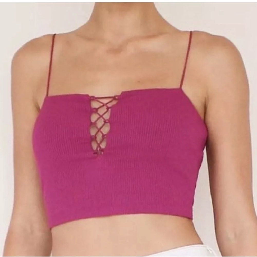 Free People Fuchsia Lace-Up Ribbed Crop Top